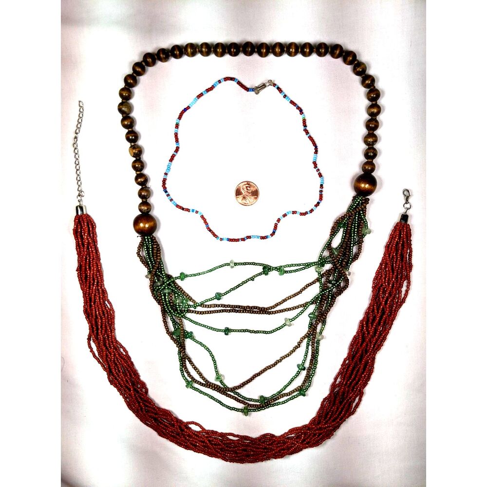 3 Seed Bead Necklace Lot Wood Glass Brown Green Rust Boho Artsy Coastal Grandma
